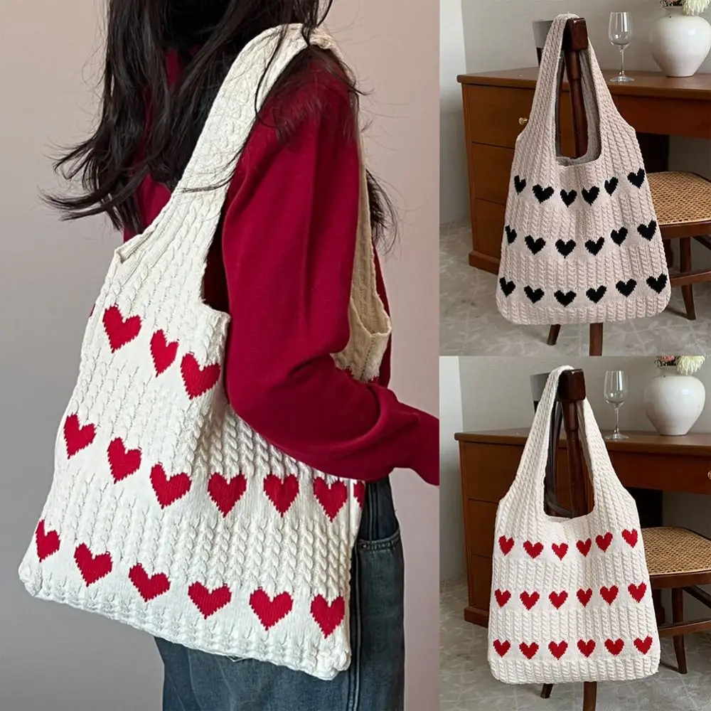 

Вязаная сумка Love, большая вместительная сумка для хранения, вязаная крючком большая сумка, богемная сумка с сердечным узором, сумка на плечо для девочек