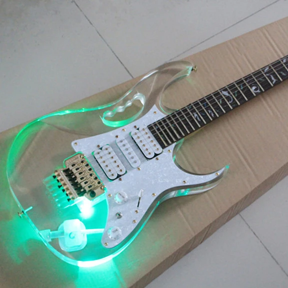 Flyoung High Quality Right/Left Handed Acrylic Electric Guitar Green LED Lights Plexiglass Electric Guitar