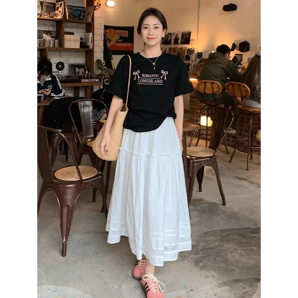 Moda arco padrão impressão 100% algodão branco camiseta y2k mulher novo verão solto conforto casual manga curta camiseta roupas femininas