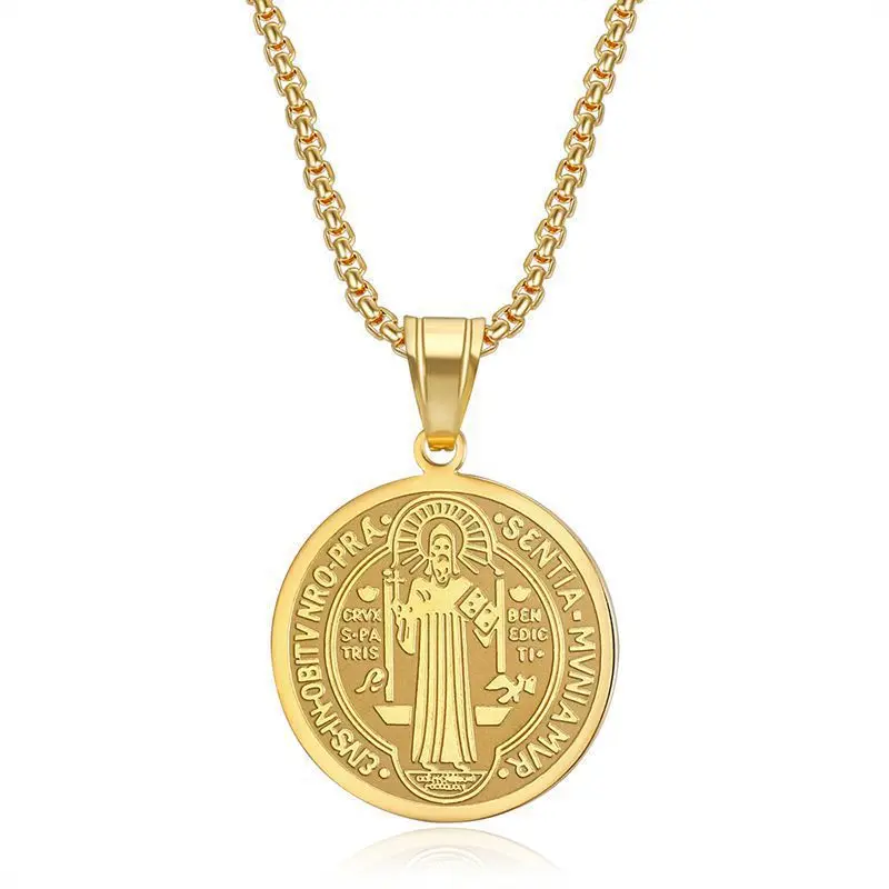 

Hot vintage stainless steel Father Saint Benedict necklace Simple round titanium steel jewelry necklace