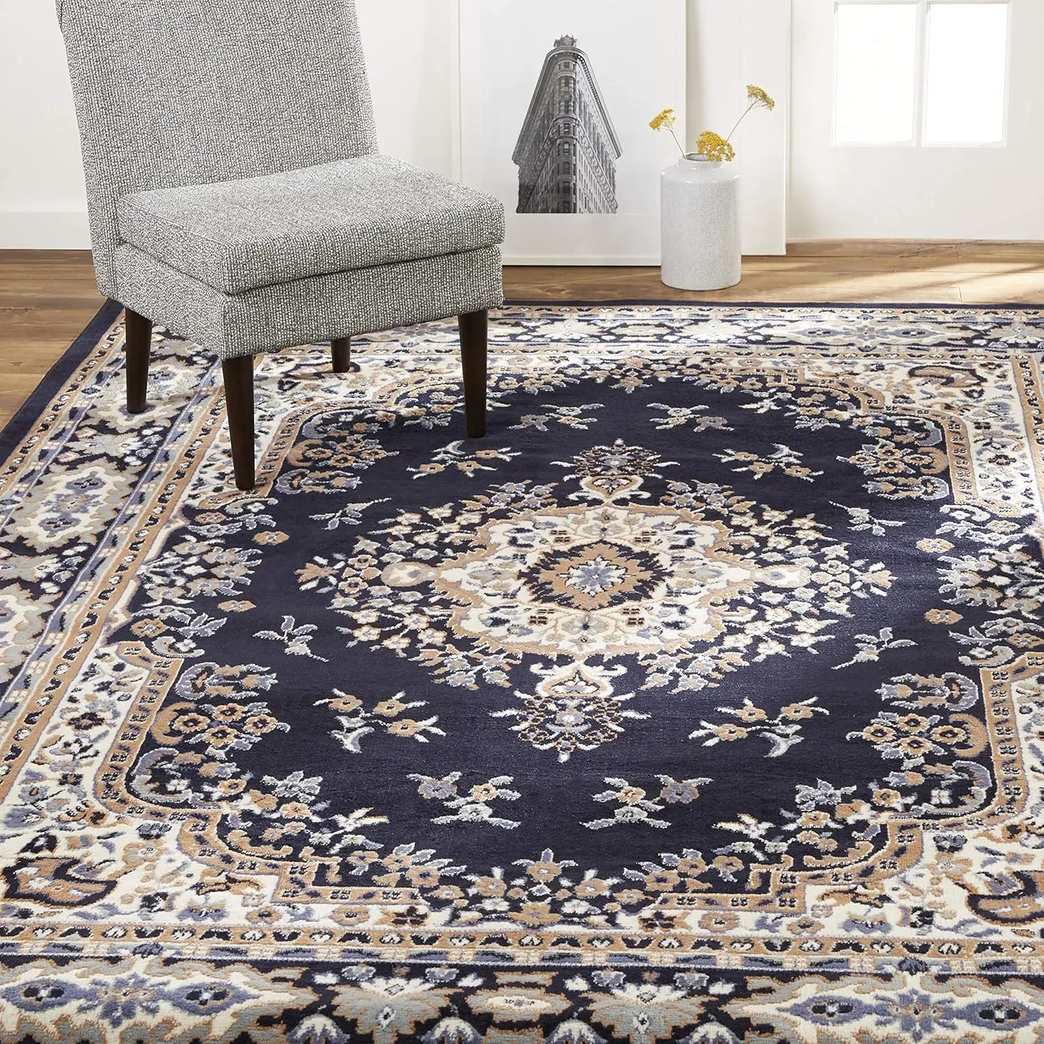 

Traditional Medallion Border Area Rug Navy Blue Brown 7'8x10'7 Rectangle Premium Indoor Floor Carpet for Living Room Bedroom