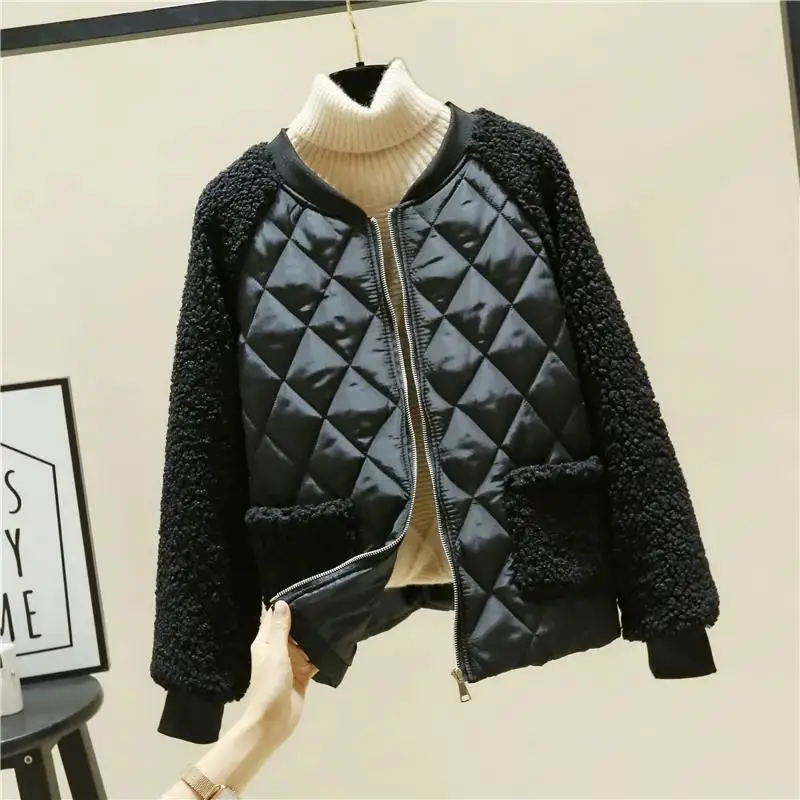 Women Winter Patchwork Warm Thicken Coat Long Sleeves Zipper Cardigan Loose Furry Plush Plus Size Outerwear Lady Padded Clothes