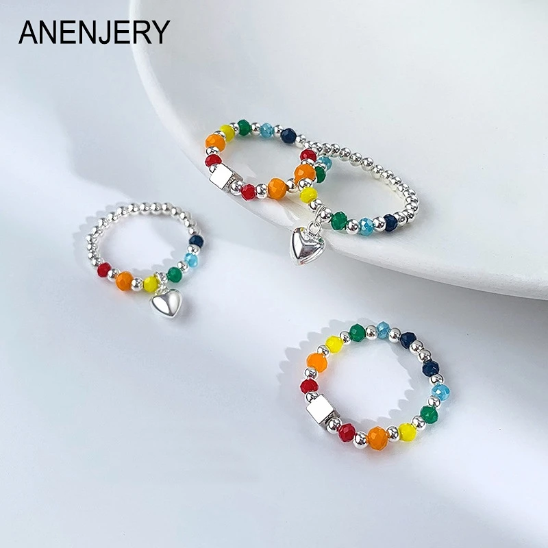 ANENJERY Square Heart Colored Rainbow Beaded Ring Female Cute Index Finger Ring bague femme anel