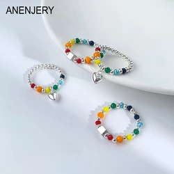 ANENJERY Square Heart Colored Rainbow Beaded Ring Female Cute Index Finger Ring bague femme anel