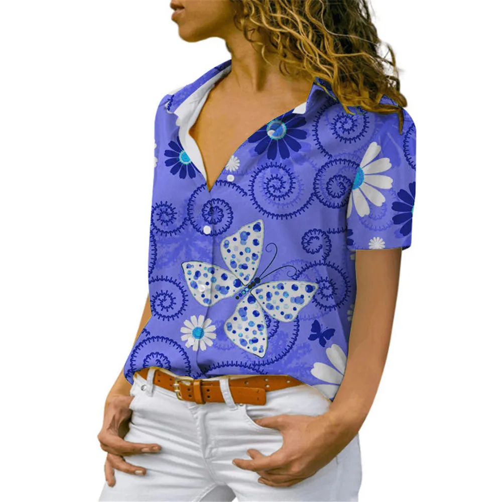 Butterfly And Floral Pattern Women Shirts Summer Short Sleeve 3d Print Street Comfort Ladies Blouse 3XL Large Size Casual Shirt