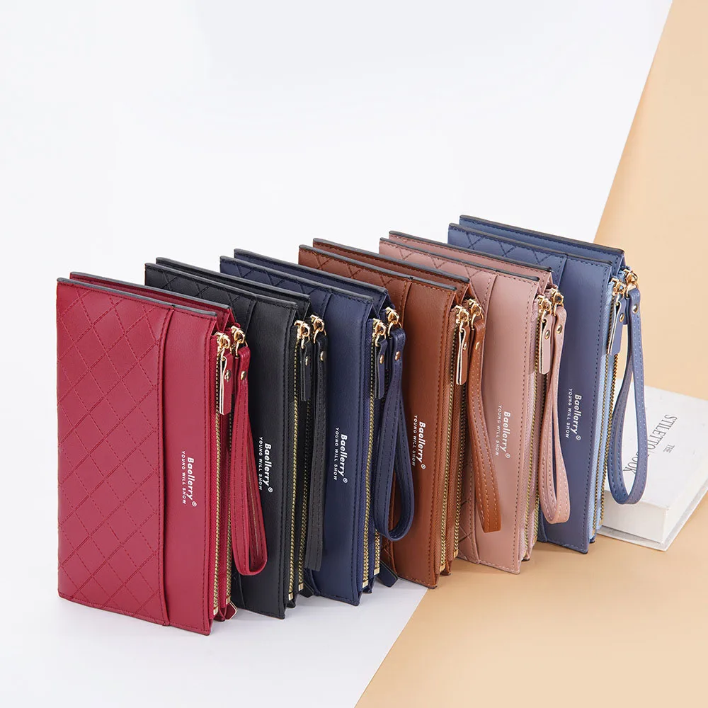 New Solid Color Wallet Leather Women Coin Purse Clutch Card Bag Long Wallet Double Zipper Mobile Phone Bag For Ladies Daily Use