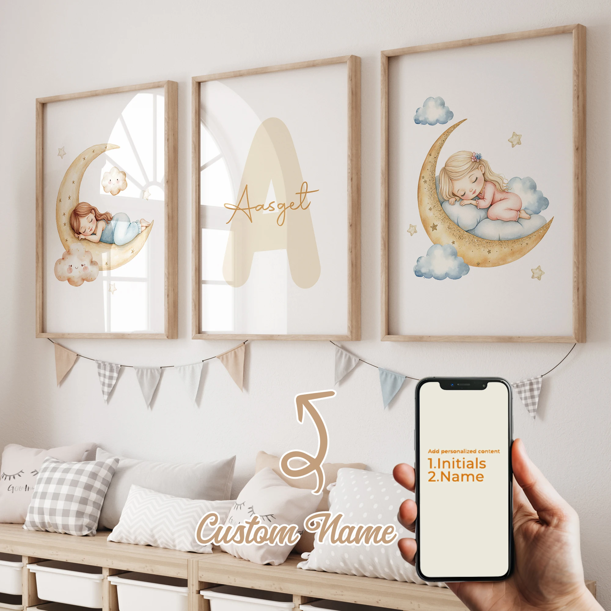 

3pcs Personalized Name Custom Cute Girl Sleeping Yellow Blue Moon Clouds Wall Art Print Picture Living Room Kids Room Home Decor