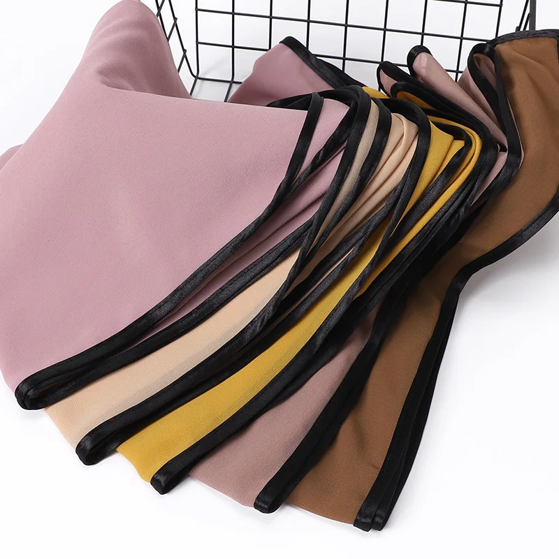 Bubble-Chiffon-Schals mit Rand, schwarzer Kanten-Schal, Hijab, schlichter Wickelschal, malaysischer Damen-Langschal, Kopftuch-Schals, Lieferant