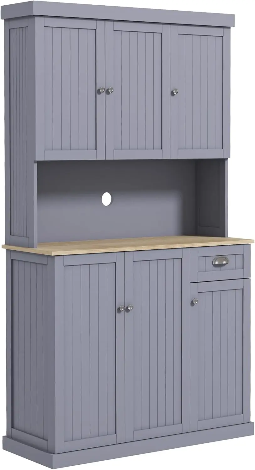 

Kitchen Pantry Storage Cabinet with Microwave Oven Countertop, Drawer, and Cupboard, Gray