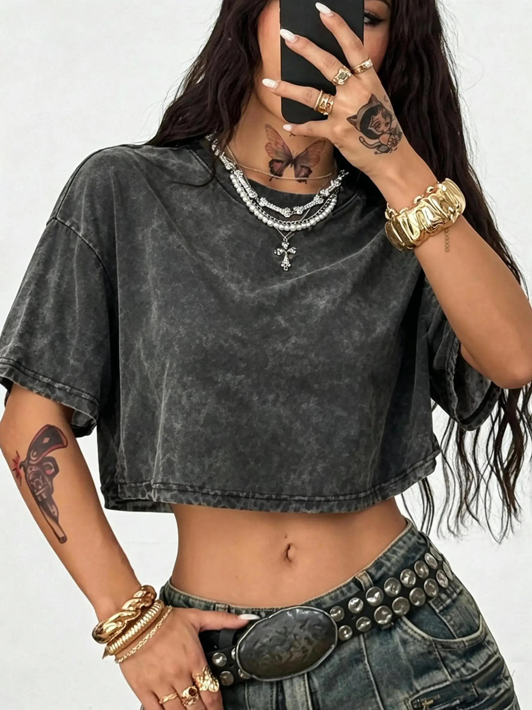 Sommerliche Baumwoll-T-Shirts für Damen, locker geschnitten, O-Ausschnitt, einfarbig, Crop-Tops, lässig, Vintage, Kurzarm-Shirts, Y2K-Streetwear, Damenkleidung
