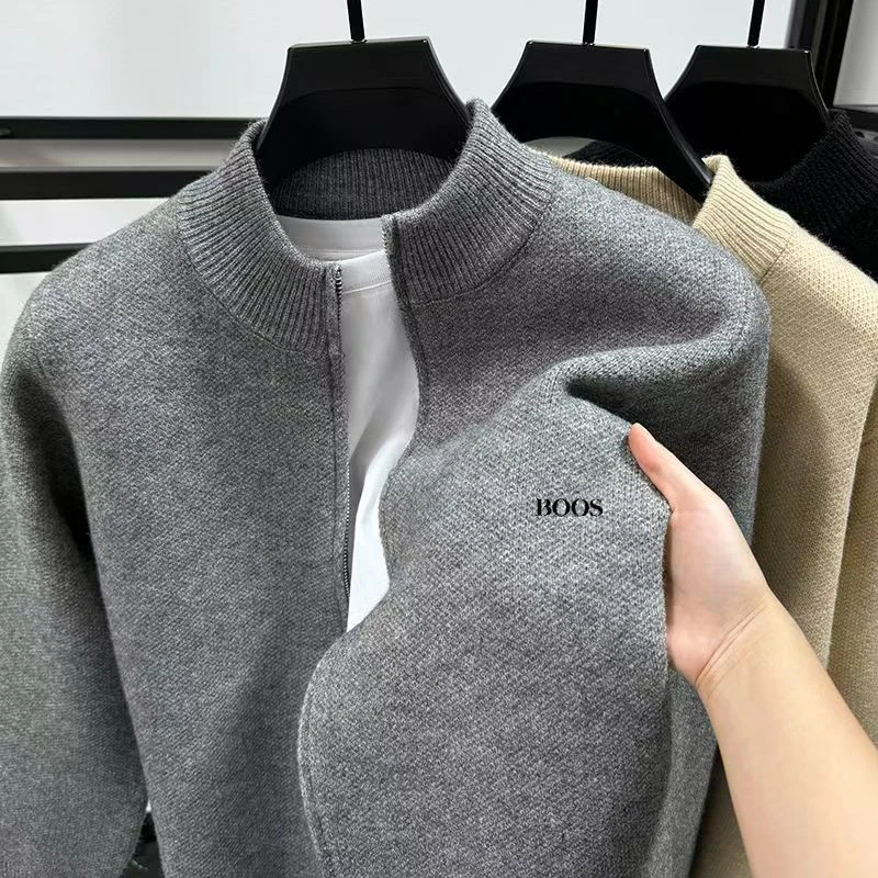 Men's Thickened Solid Color Cardigan Sweater, Winter Warm-Up Vest with Standing Collar and Zipper, Knitwear Outerwear