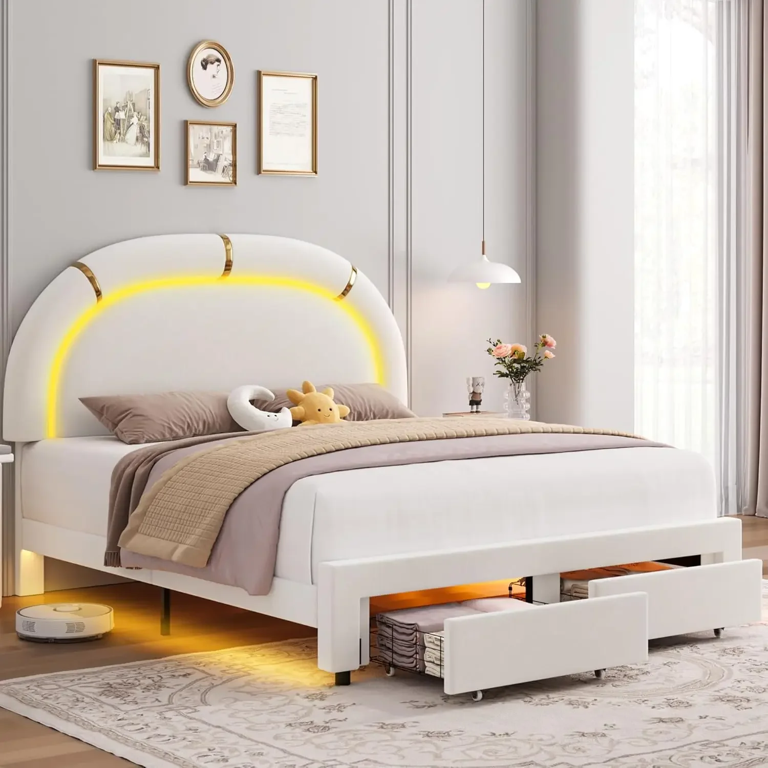 LED Bed Frame with 2 Storage Drawers and Adjustable Semicircle Headboard, Smart Platform Bed Frame for Kids, Golden Trim, Wooden