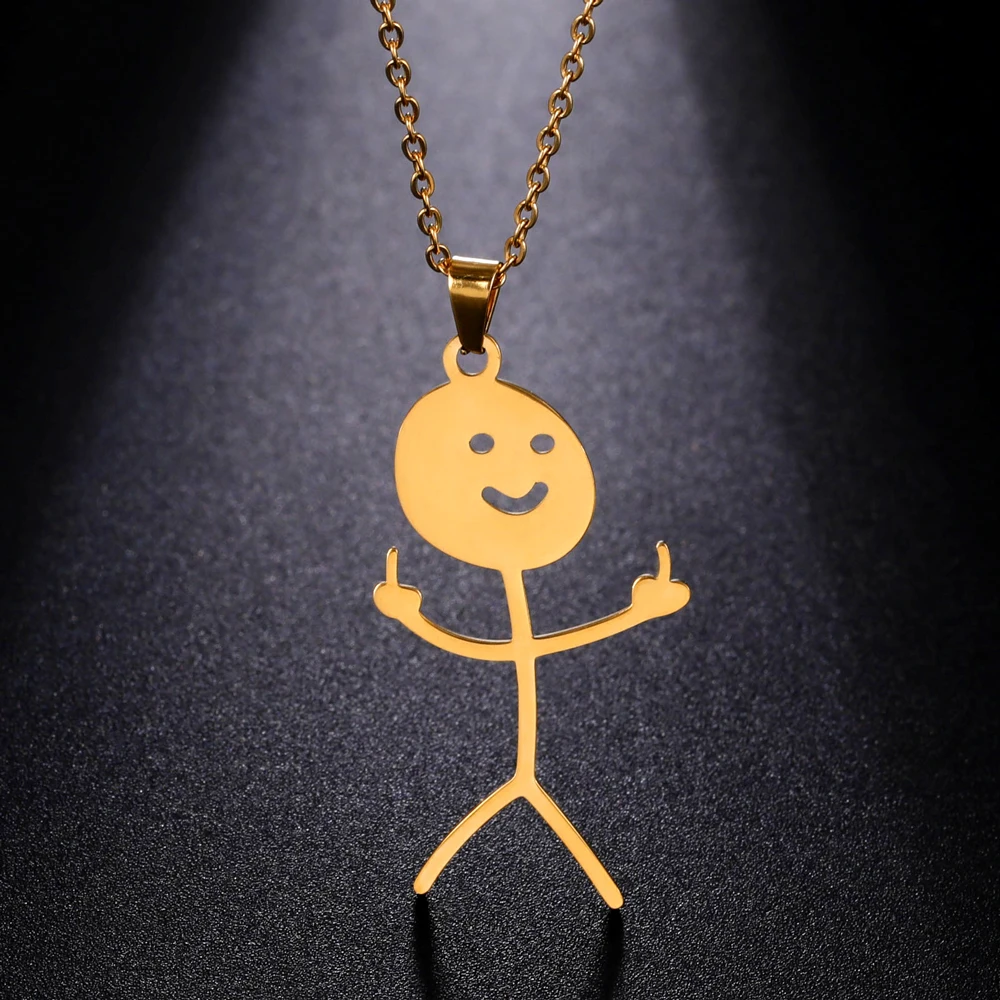 COOLTIME Stickman Pendant Necklace for Men Women Stainless Steel Middle Finger Fxck You Gesture Chain Necklace Jewelry Gift