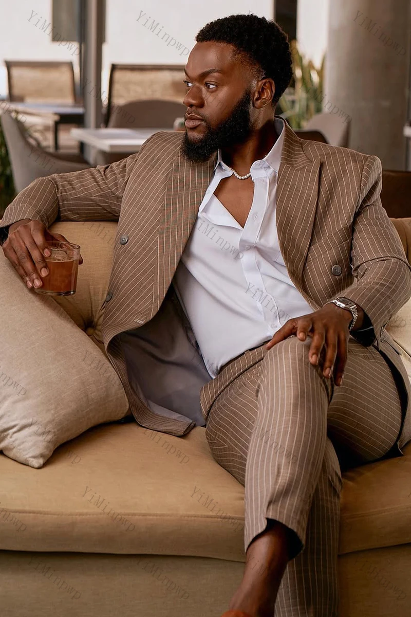 Yiminpwp terno listrado masculino marrom, 2 peças, lapela repicada, cetim, festa, único breasted, traje formal masculino para escritório XS-5XL