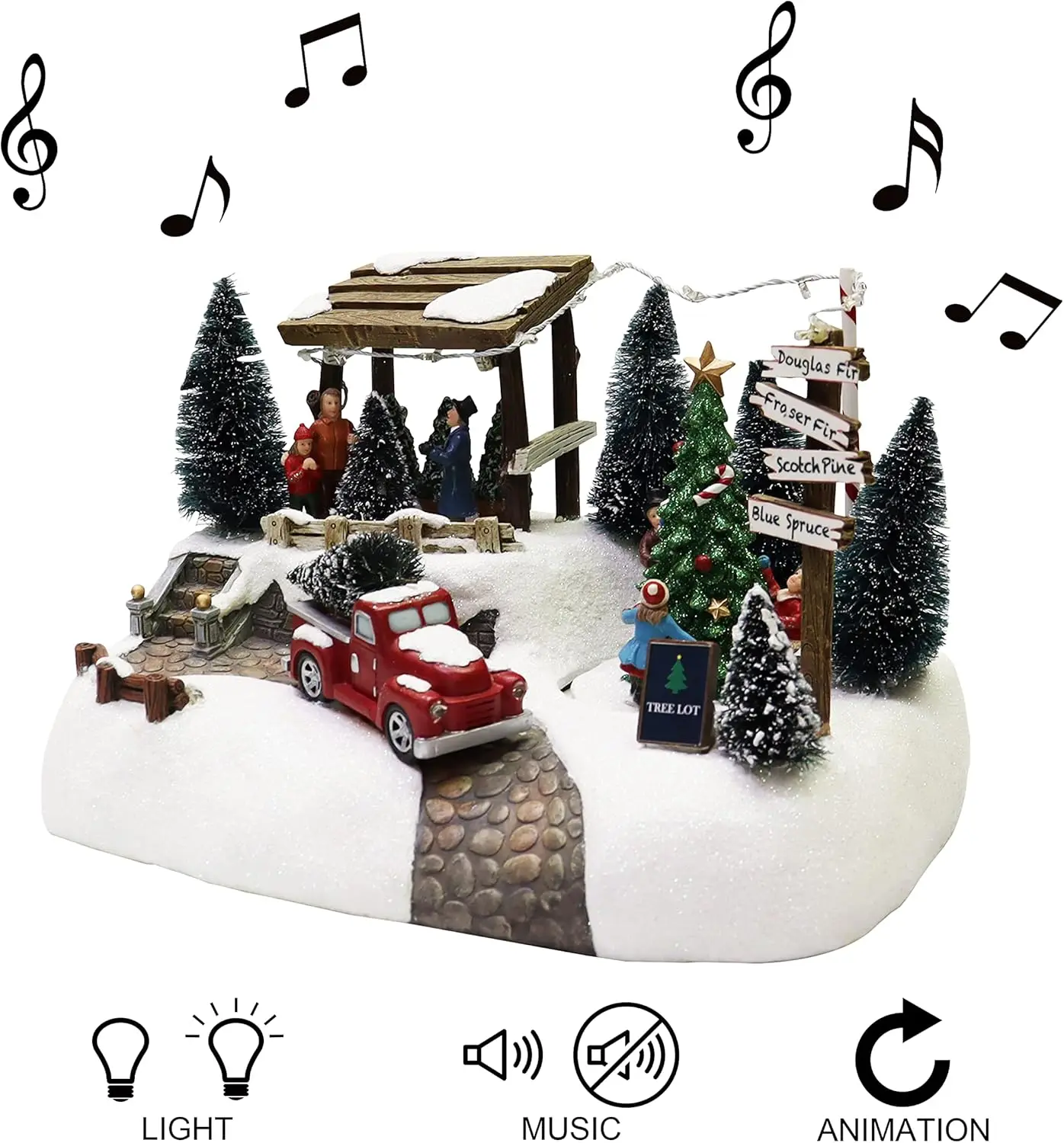 Arbre de village de Noël avec lumières LED et musique, décoration d'intérieur à piles pour affichage festif