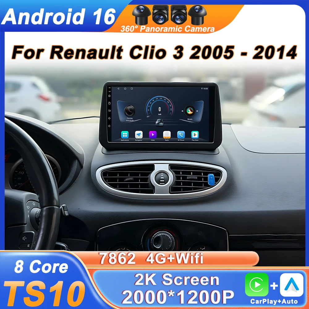 

Беспроводной Carplay Auto для Renault Clio 3 2005-2014, Android 16, автомобильная мультимедийная система, GPS, разделенный экран, 5G Wi-Fi, без DVD, 2din