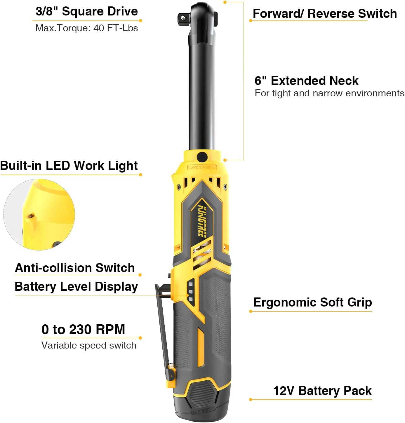 Kingtree 12V Electric Wrench power Screwdriver 3/8 Cordless Extended Ratchet Wrench With 1/2 Lithium-Ion Battery Home DIYS