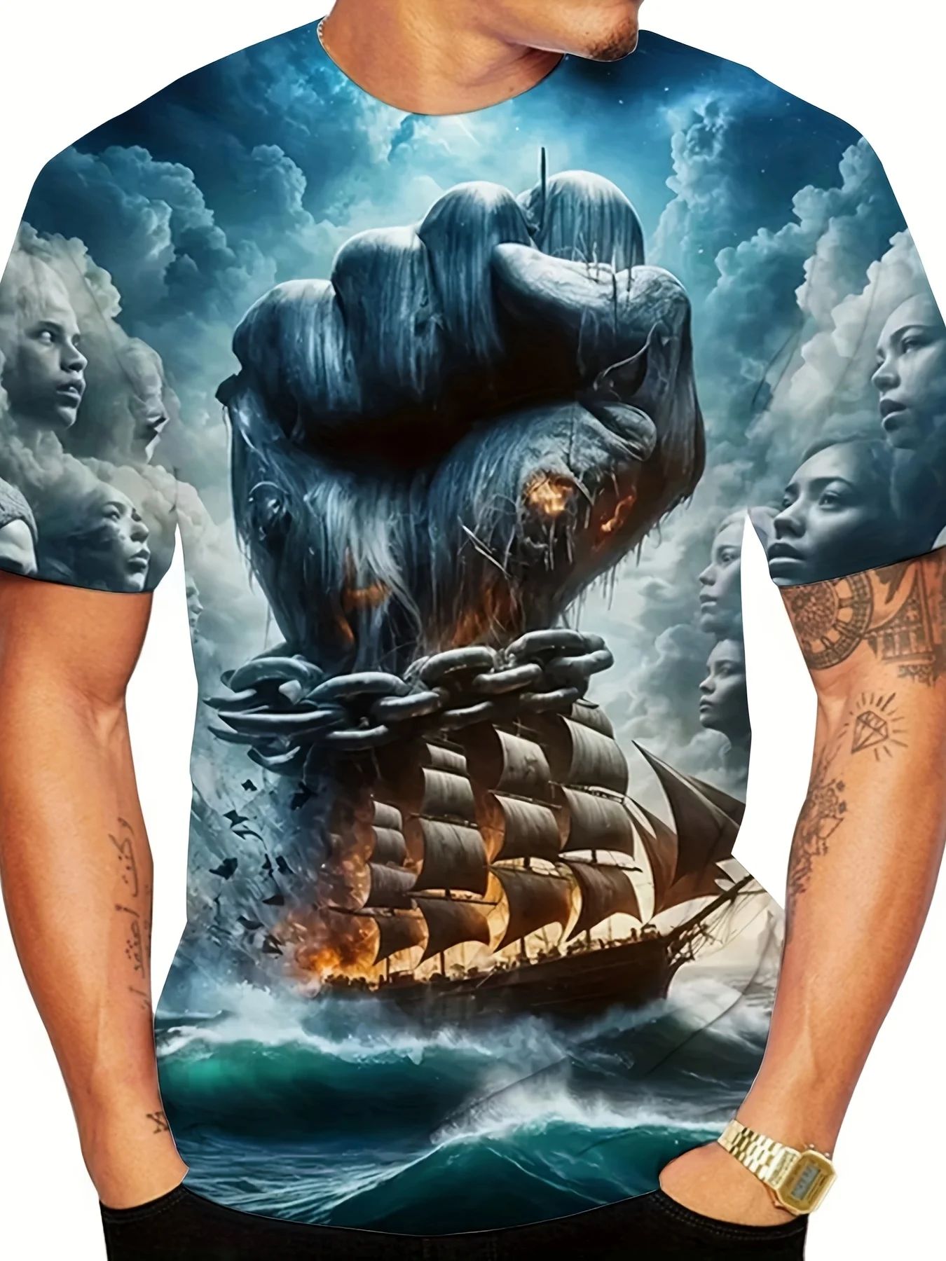 Men's Giant Rock Fist Pirate Ship Cloud Face Print T-Shirt Crew Neck Short Sleeve Ocean Fantasy Graphic Tee Tops