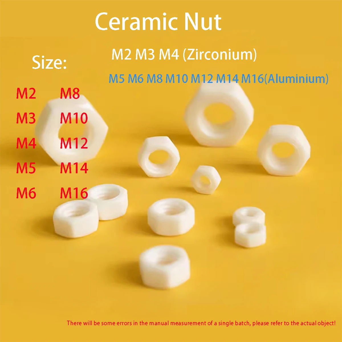 

Alumina/Zirconia Ceramic Hexagon Nuts, Screws M2, M3, M4, M5, M6, M8, M10, M12, M14, M16