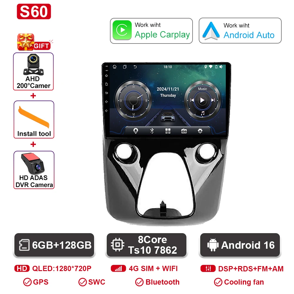 Autoradio Android navigatie GPS Android Auto stereo Carplay scherm No2 DIN DOM voor Toyota Aygo Peugeot 108 Citroen C1 2016-2020