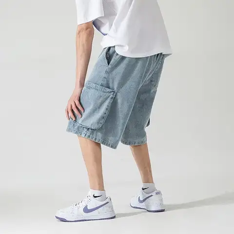 남성용 여름 찢어진 청바지, 작업복 바지, 트렌디한 루즈한 5쿼터 팬츠 디자인, 캐주얼하고 편안한 데님 반바지