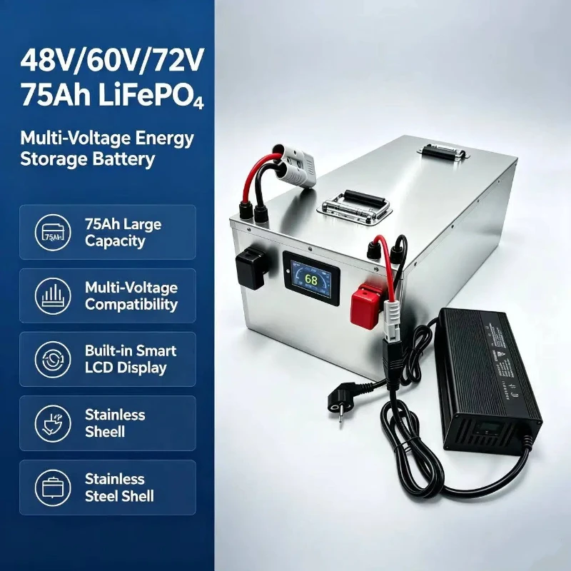 LiFePO4 Lithium Battery 75Ah 48V 60V 72V with Built-In Bluetooth BMS for Electric Bike/Moped/Car Scooter 2000W-7000W High Capaci