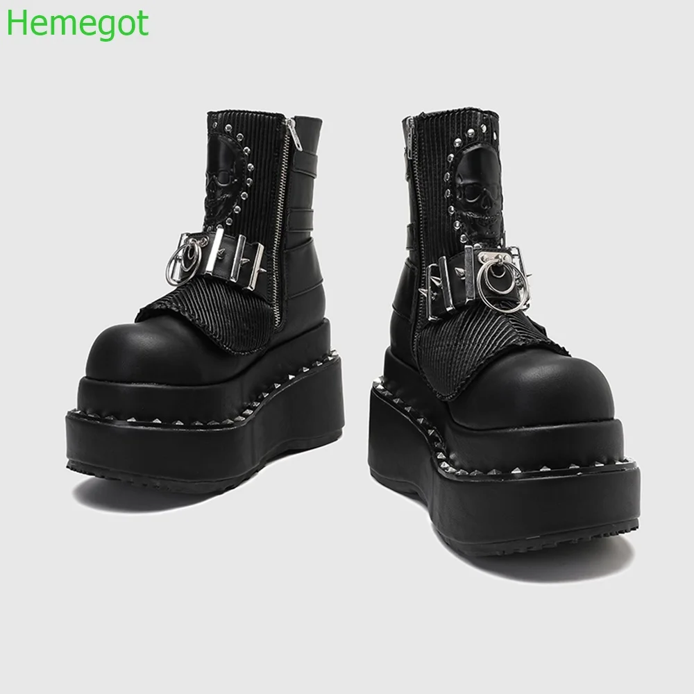 

Metal Rivets Punk Motorcycle Boots 2024 New Black Women Short Boots Round Toe Platform Gothic Rhinestone Zipper Cool Girl Boots