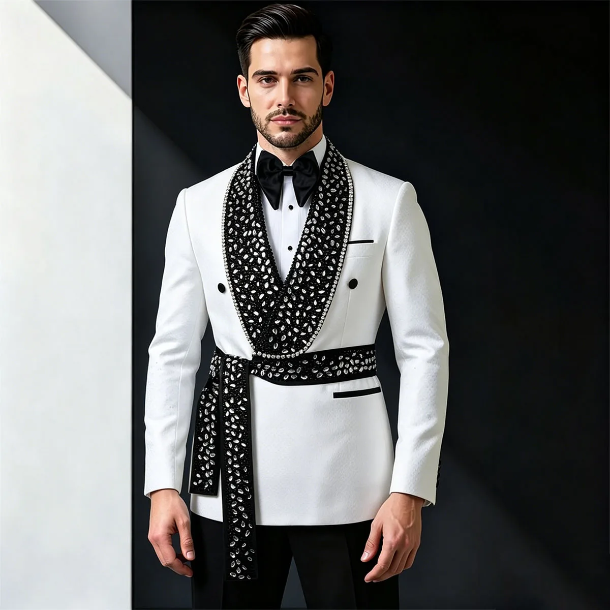 Trajes de boda de lujo personalizados de 2 piezas con cinturón y cuentas metálicas para hombre, esmoquin de novio, blazers de fiesta para hombre, ropa ajustada para hombre