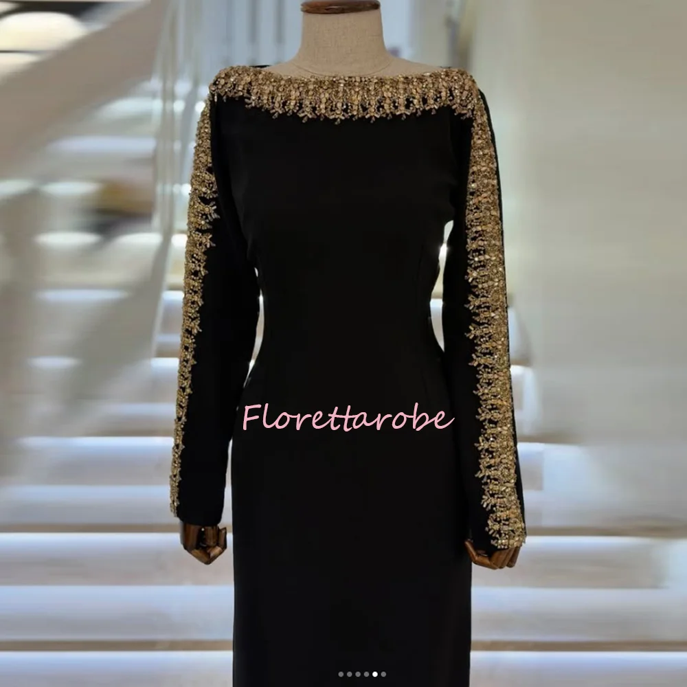 Black Evening Dresses with Gold Crystal Customized Long Sleeves Boat Neck Arabian Party Gown Saud Prom Dresses