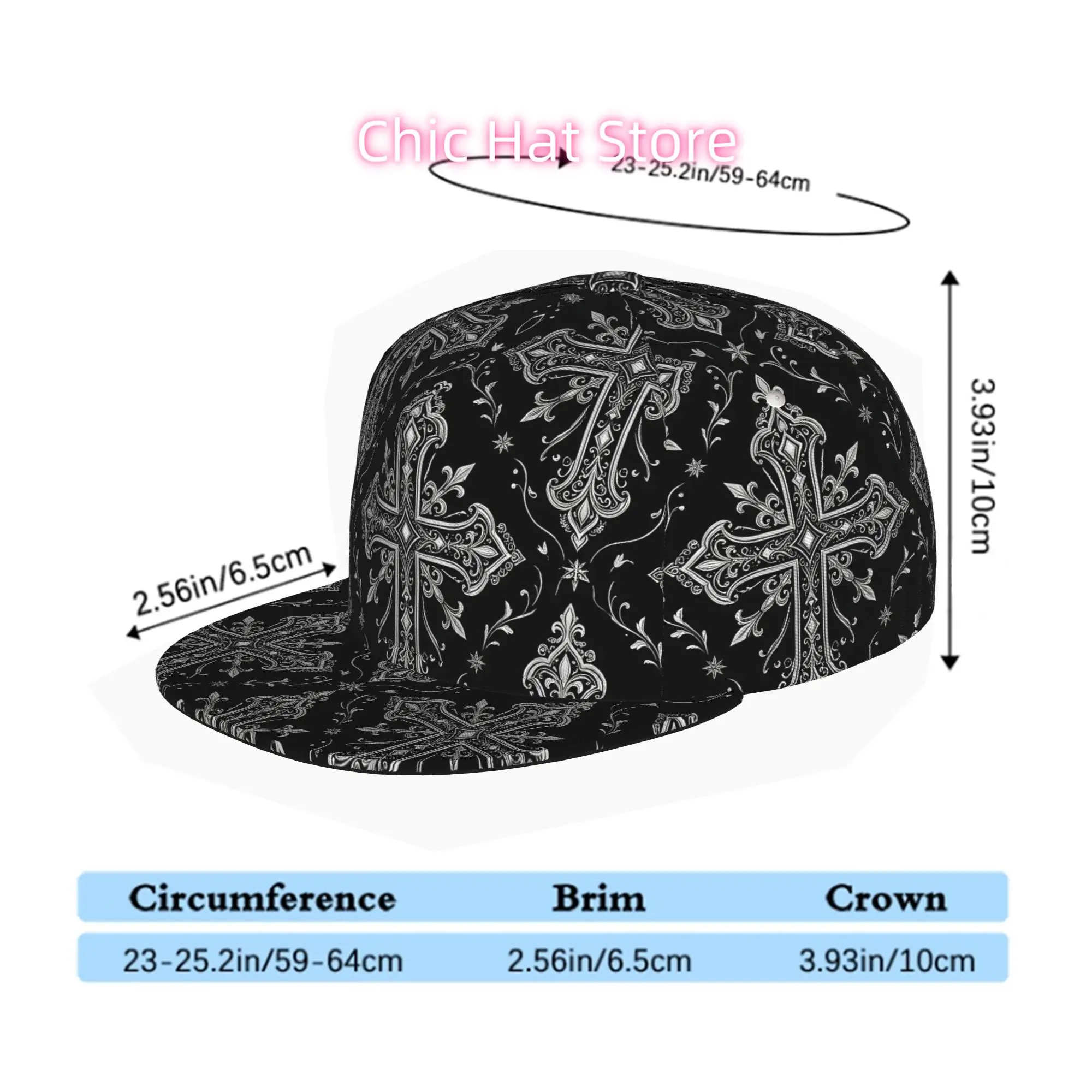 Ornate Gothic Silver Cross Pattern, Unisex All Over Print Flat Brim Baseball Cap, Hip Hop Streetwear Snapback Hat for Skateboard