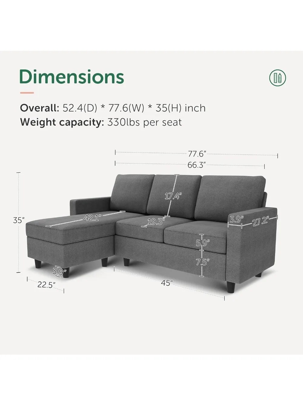 Convertible Sectional Sofa, Convertible L Shaped Couch with Reversible Chaise, Sectional Couch for Small Space Apartment, Grey