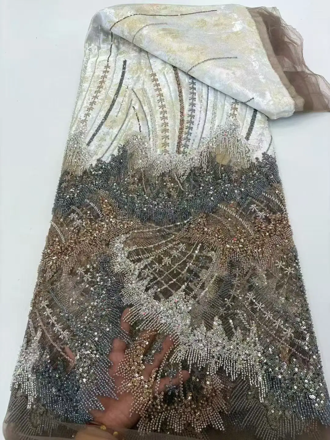 African Nigeria High-Quality Velvet Beaded Sequins French Tulle Lace Fabric Dress Nigerian 5 Yards For Wedding Party Women