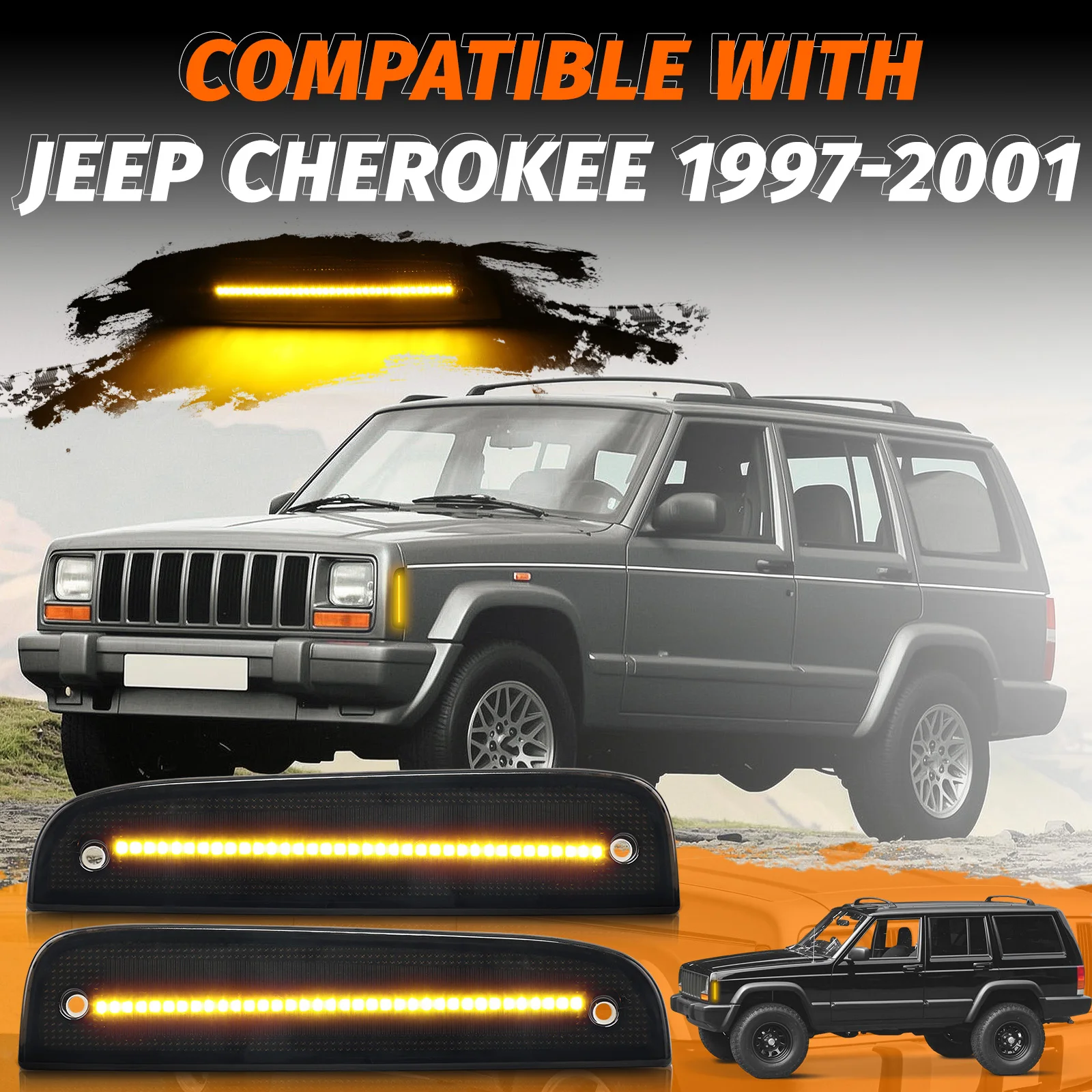 DZSYINGLONGSM Luces LED Intermitentes Laterales Dinámicas | Para Jeep Cherokee 97-01 | Lente Ahumada Ámbar | 55055146