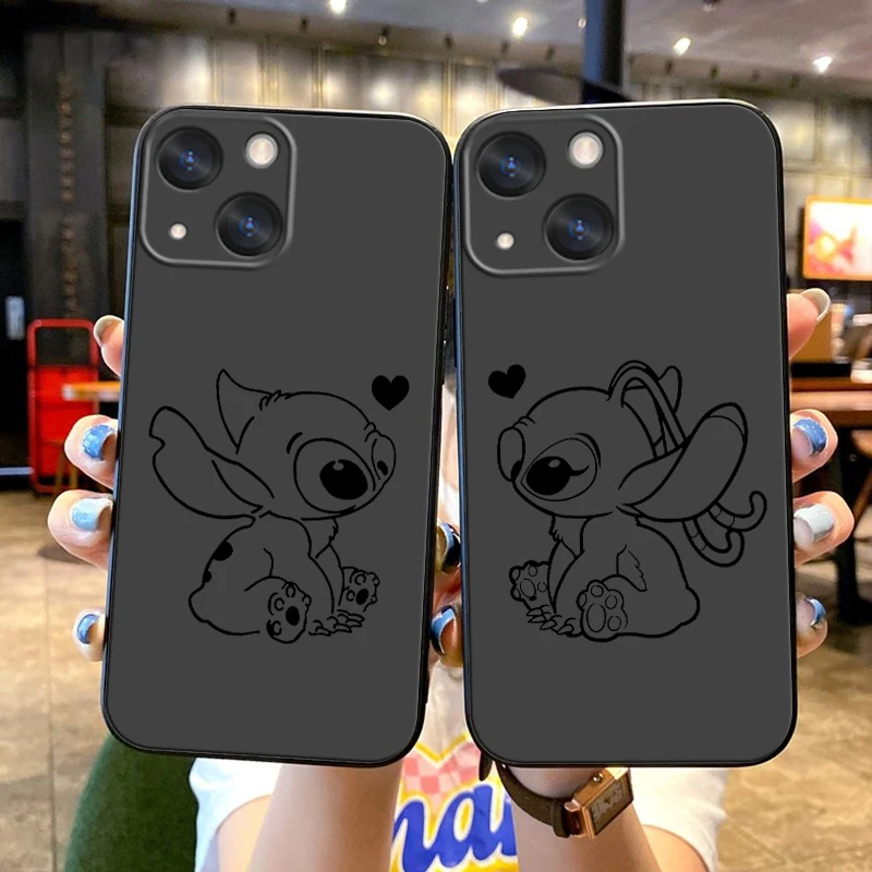 Disney Angel Stitch Couple Apple iPhone Case For 15 14 13 12 11 Mini XS XR X 6S 6 Pro Max Plus Black Soft Cover