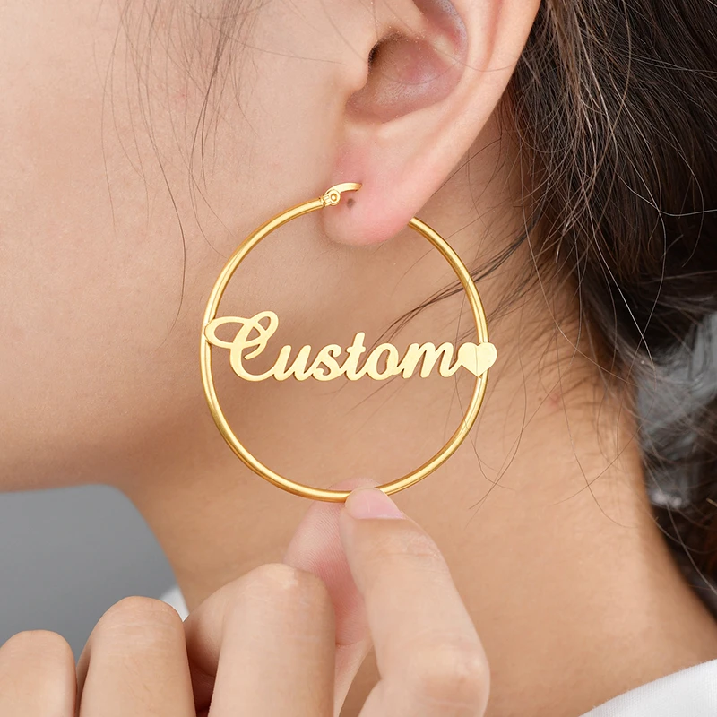 Goxijite Customized Name Butterfly Hoop Earrings Stainless Steel 50mm Personalized Letter Earrings For Women Jewelry Gifts