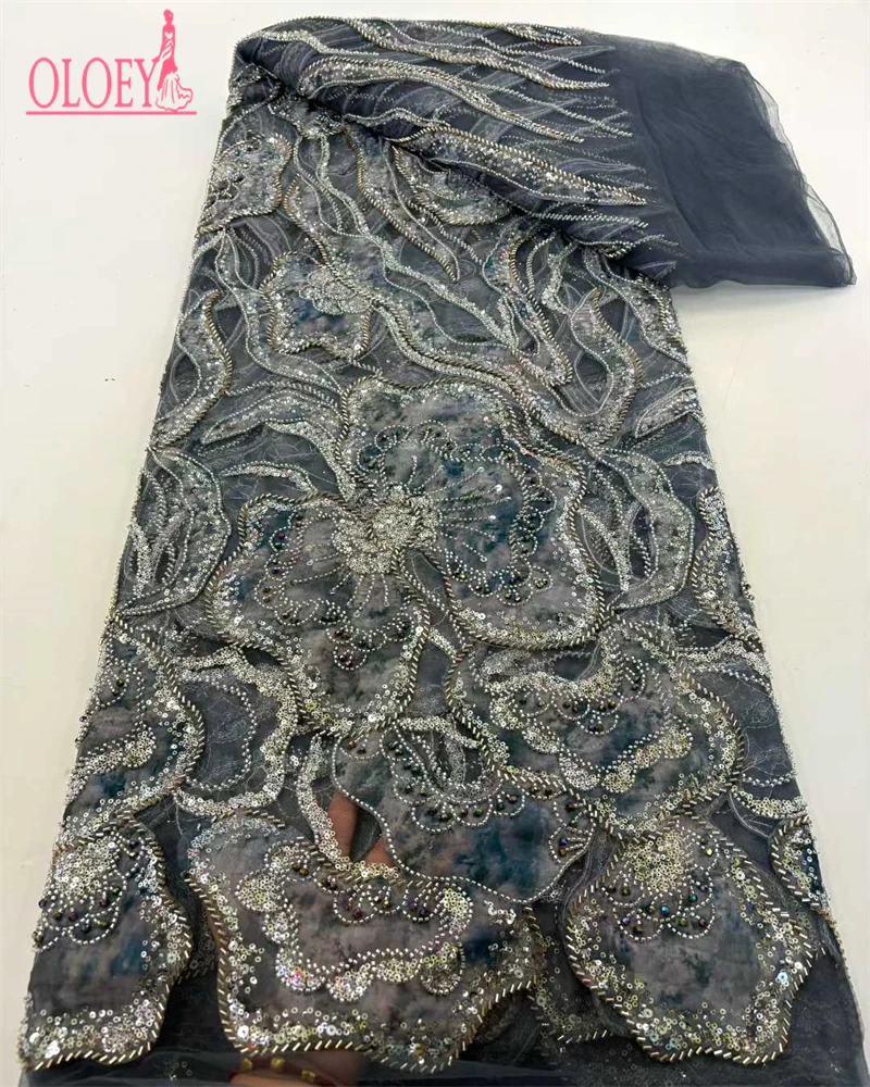 Oloey africano nigeriano francês net noivo bordado tule lantejoulas tecido de renda bonito luxuoso frisado renda para casamento