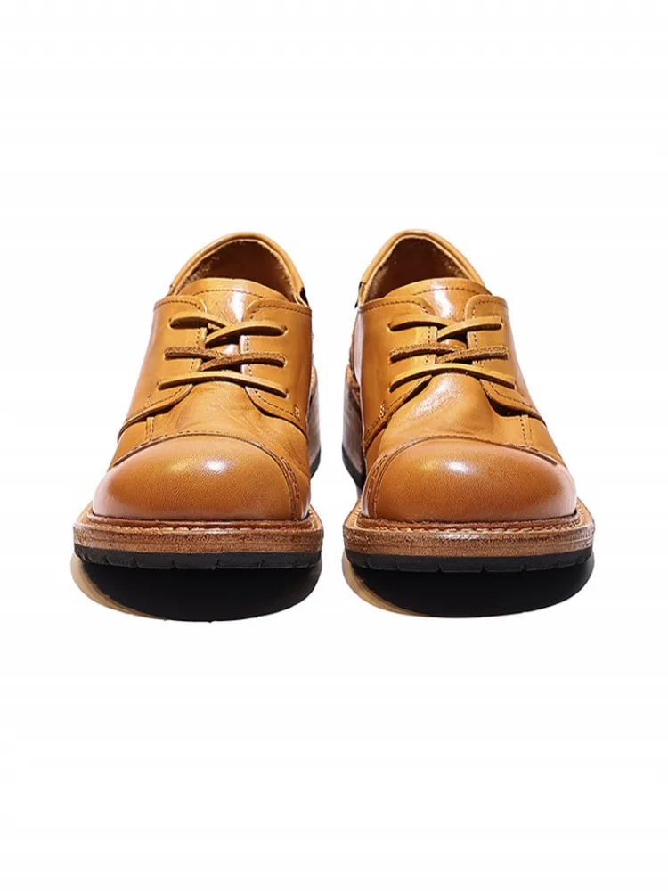 Handmade Solid Color Retro Horsehide Genuine Leather Women Pumps Lace Up Business Casual Office Lady Chunky Heel Platform Shoes