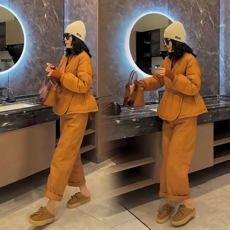 

Warmth-keeping Cotton Suit Set Women Winter New Style Fashionable Waist-closing Slimming Outerwear with Wide Legs Two-piece Set