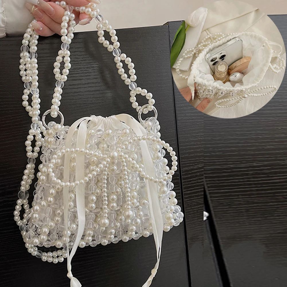 Hollow Bow Ladies Handbags Handmade Woven Beaded Pearl Exquisite Elegant Shiny Female Coin Purse Women Mobile Phone Bag