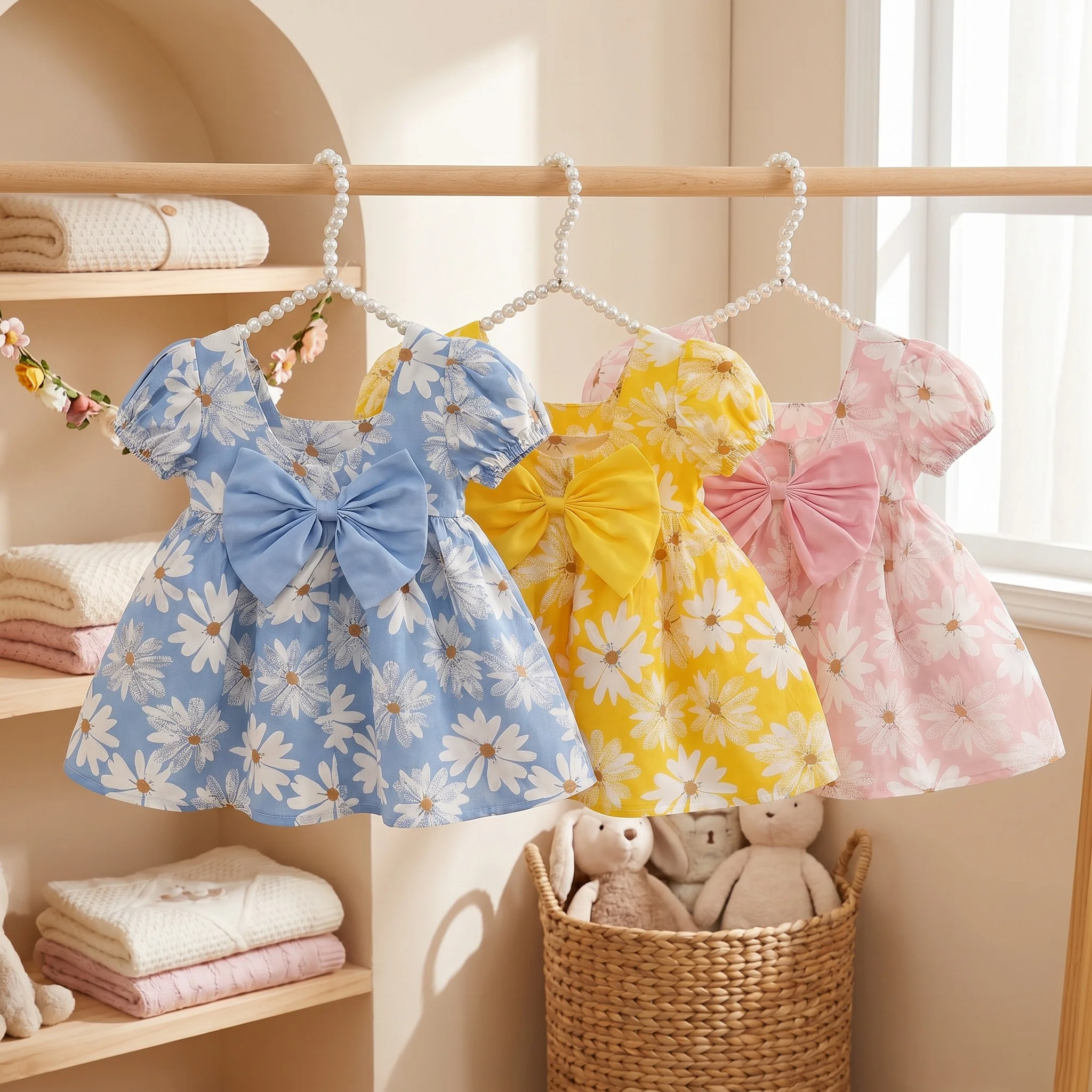 Sweet Baby Girls Dresses Flowers Puff Sleeves Children's Clothes Summer Fashion Bow Toddler Thin Kids Costume 0 To 3 Years Old