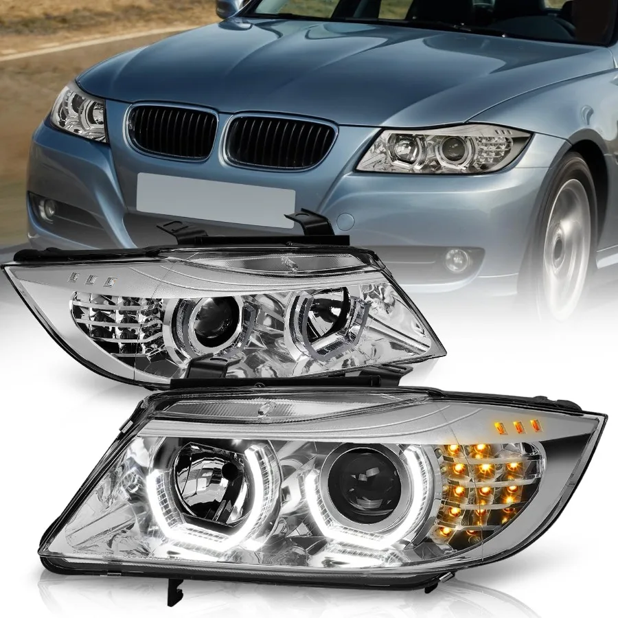 

LED Halo Headlights Assembly Compatible with 2005-2008 BMW 325i 330i 4Dr Sedan Left and Right Side 3D Crystal Gray Trim UHalo Pr