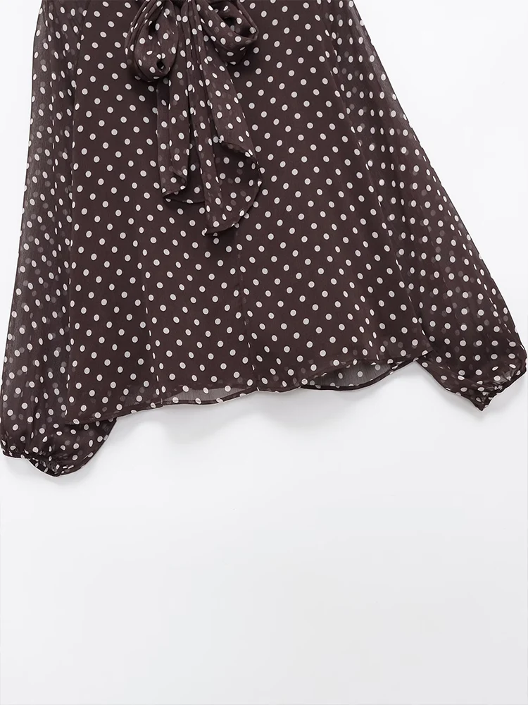 Estilo europeu novo feminino elegante e versátil solto polka dot arco camisa de manga comprida