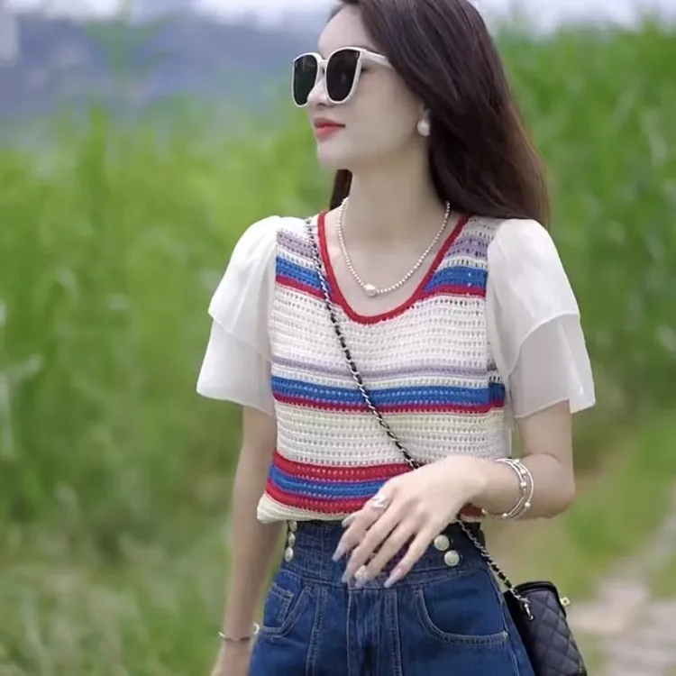 Новая летняя женская полосатая футболка из ледяного шелка, женская одежда, топы с коротким рукавом и круглым вырезом, вязаный свитер, повседневный базовый пуловер Z444