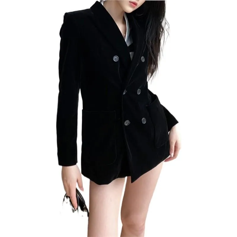 2022 Fashion  pocket design double-breasted  velvet suit jacket  women  casaco de frio feminina  business women outfits