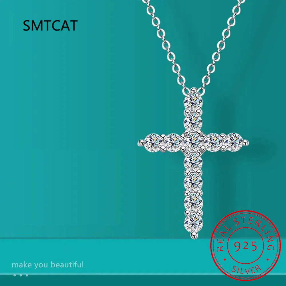 Colar completo com pingente de cruz de moissanite, corrente original de prata esterlina 925 banhada a ouro branco 18k, colar fino para mulheres, joias