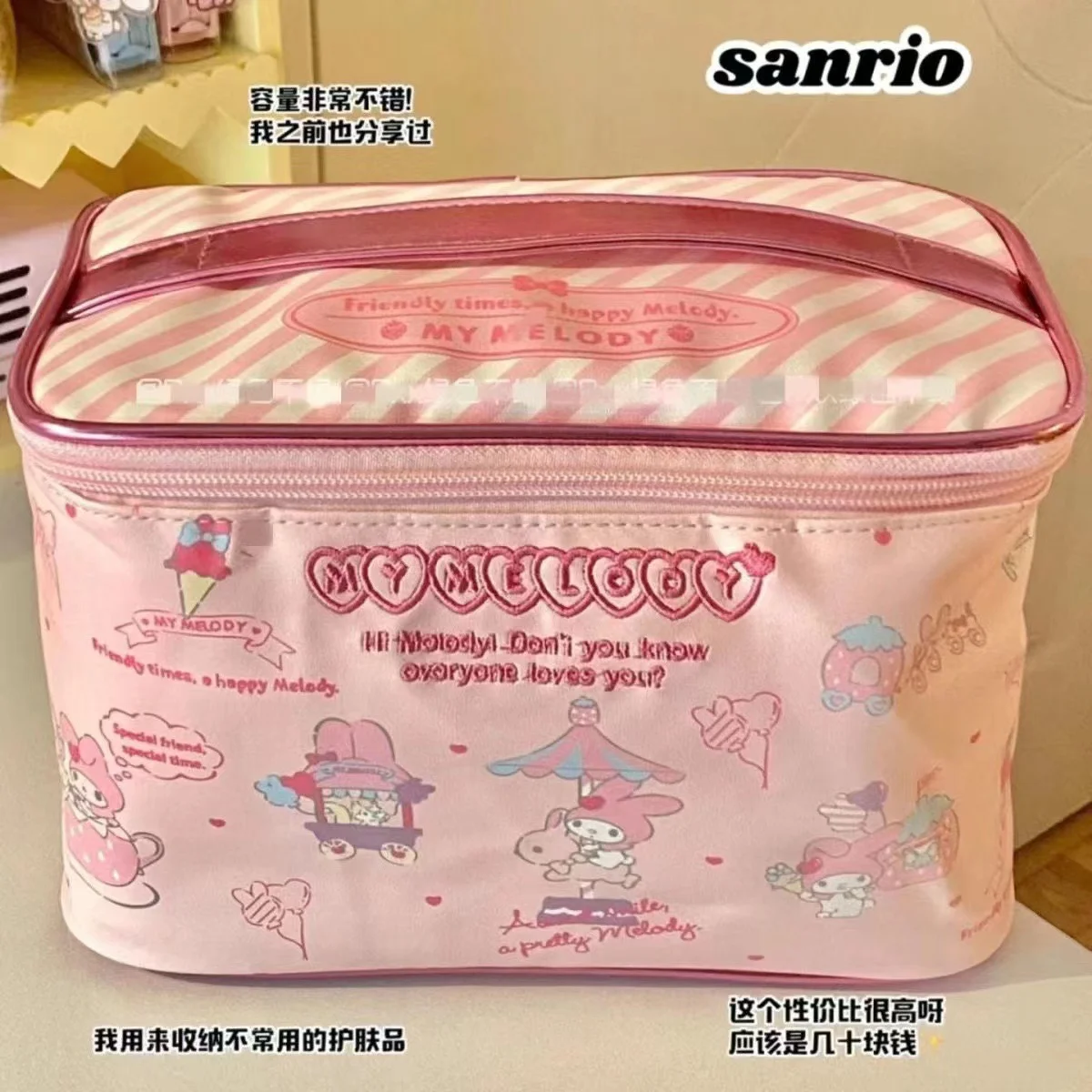 Sanrio My Melody Makeup Bag Large Capacity Portable Cosmetic Case for Women Toiletries Waterproof Travel Make Up Storage Pouch