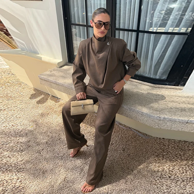 Mantel, Tube Top und Hose 3-teiliges Set für Damen, Sexy Laternenärmel-Jacke mit Reißverschluss, Gerüschte Lose Jacke, Hochgeschnittene Weite Hose, Outfit – Detail 16