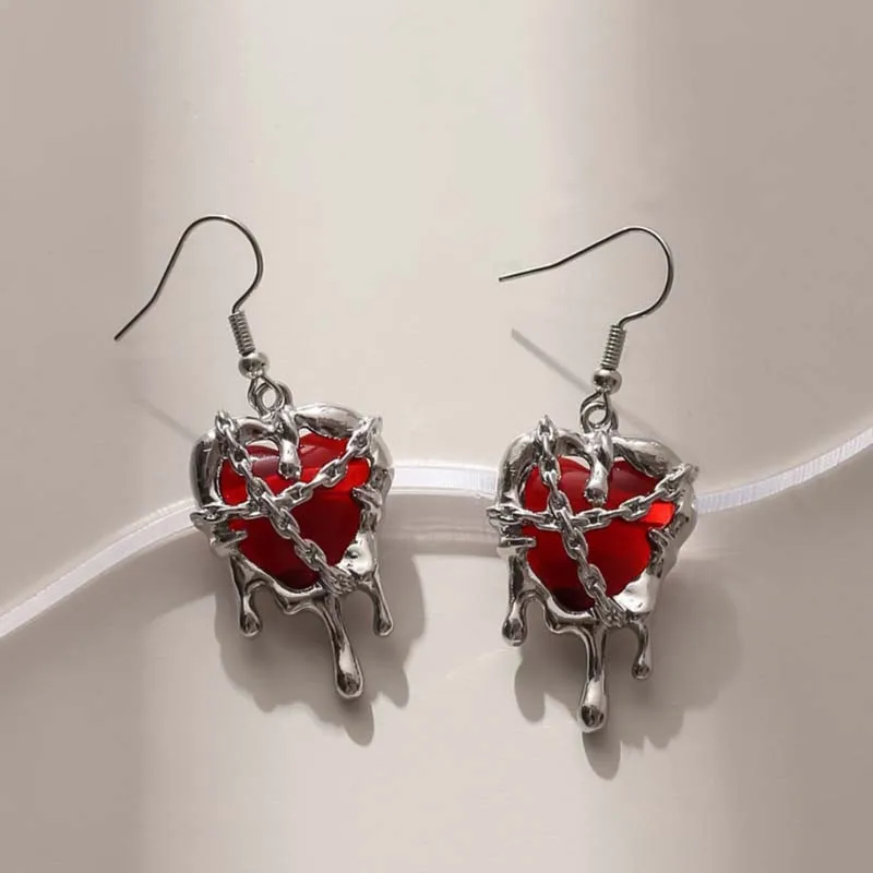 Gothic Punk Red Crystal Heart Pendant Earrings For Women ashion Creative Lava Heart-Shaped Earrings Aesthetic Y2K Jewelry