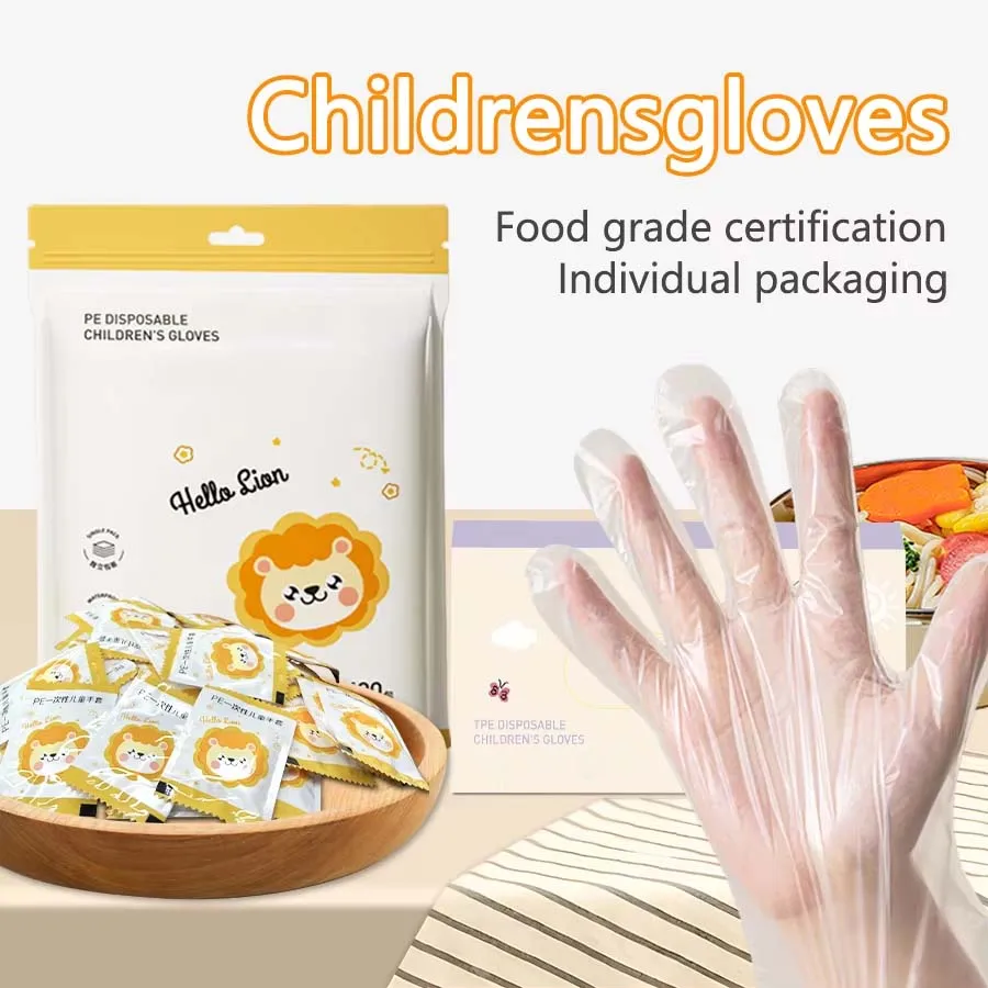 Luvas descartáveis para crianças, luvas multiuso de plástico pe espessadas, luvas de cozinha de qualidade alimentar para artesanato e pintura