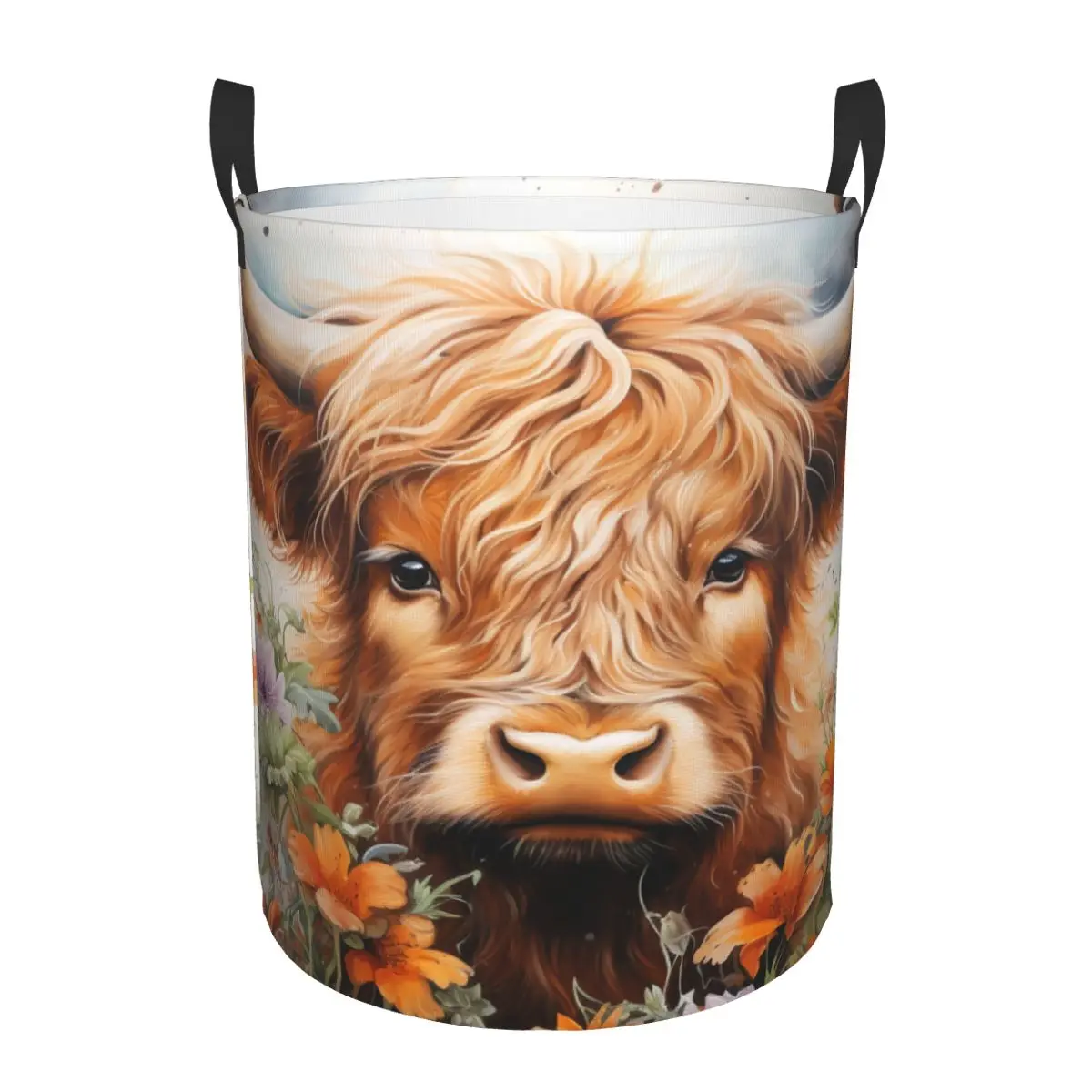 Custom Highland Cow And Flower Laundry Hamper Large Clothes Storage Basket Toys Bin Organizer for Boy Girl